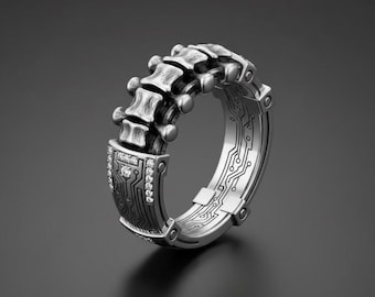 Gothic Spine Ring Sterling Silver Vertebra Cyberpunk Circuit Band with White Stones