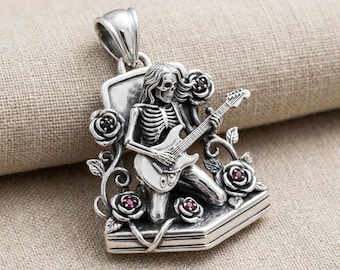 Gothic Skeleton Guitar Pendant Silver Rose Red Stone Music Necklace Charm