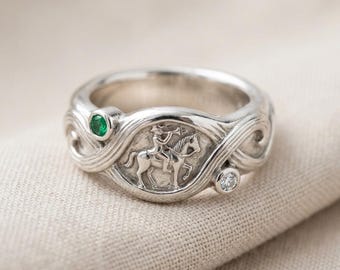Silver Music Ring with Lyre Motif, Art Nouveau Band, Green and Clear Stone
