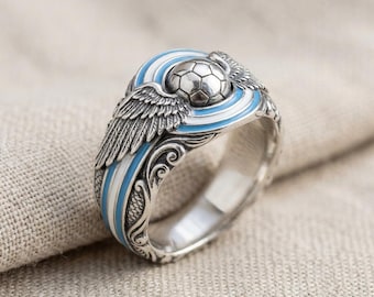 Soccer Ball Wing Ring Silver Blue White Enamel Band Sports Statement Ring