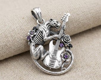 Wolf Guitar Pendant Silver Gothic Animal Necklace Charm with Purple Black Stone Accents