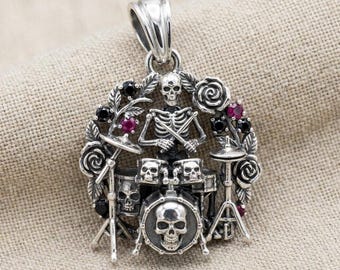 Gothic Skeleton Drummer Pendant Silver Music Charm with Black and Red Stones