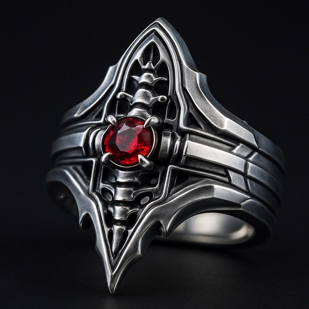 Gothic Sterling Silver Ring With Red Stone, Vampire Armor Ring, Dark ...