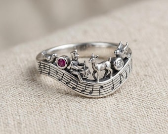 Music Note Animal Band Ring Silver Red White Stone Art Nouveau