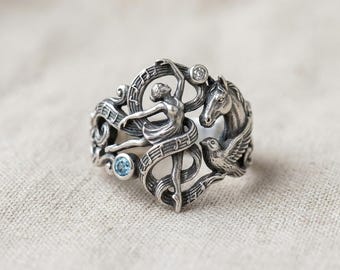 Art Nouveau Music Ring, Silver Horse Bird Dancer Statement Band