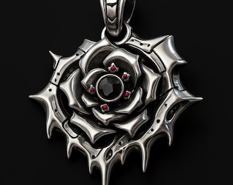 Gothic Sterling Silver Bone Rose Pendant, Cyberpunk Black Stone & Red Accent Thorn Necklace Charm