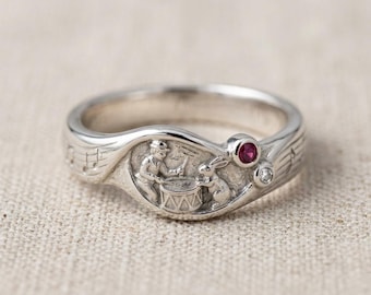 Art Nouveau Music Ring Silver Band with Drummer Rabbit Red and Clear Stones