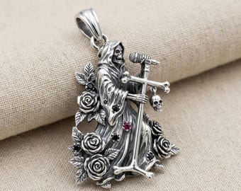 Gothic Grim Reaper Pendant Silver Skull Rose Music Microphone Necklace Charm
