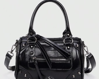 Black Patent Leather Boston Bag Studded Top Handle Shoulder Handbag