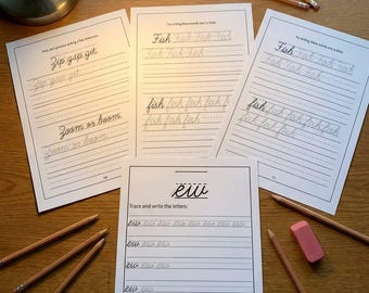 Schreibarbeit-Bundle (Teil 1 & 2): Druckbare Handschrift-Übungen-Buchstaben, Mischungen, Wörter und Sätze. PDF-Datei