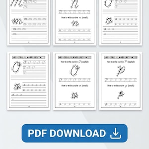 May include: A collection of printable cursive writing practice sheets. The sheets feature the letters M, N, O, and P in both uppercase and lowercase forms, with guides for proper letter formation. The image includes the text "PDF DOWNLOAD" and "8 Pages | M to P Cursive Writing Practice."