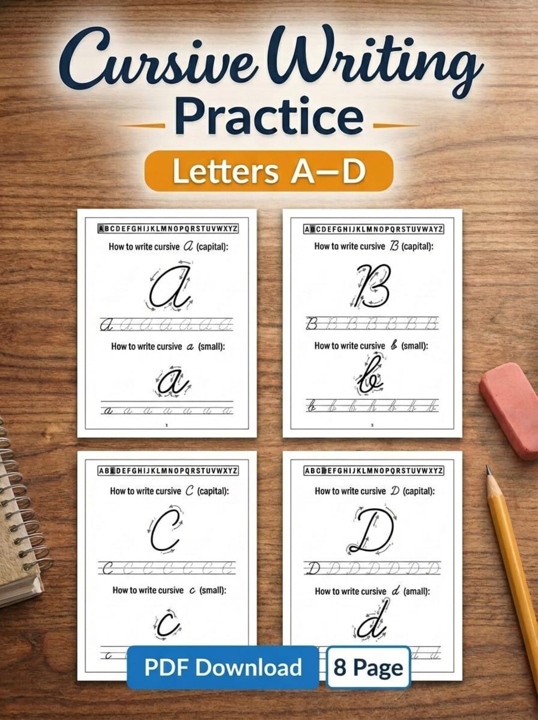 Mini In Cursive Cursive Writing Practice-mini Pack Letters: A, B, C, D - Etsy