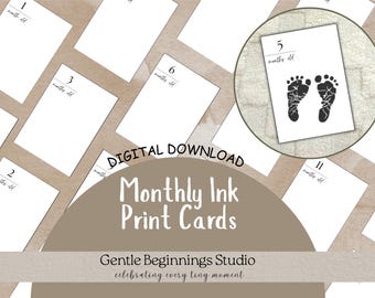 Monthly Ink Print Cards | Footprints | Handprints | Baby Footprint and Handprint Cards | 12 Months | Baby Ink Cards | Printable
