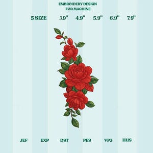 Puede incluir: Un diseño de bordado para máquina, con un grupo de rosas rojas con hojas y tallos verdes. El diseño está disponible en 5 tamaños, que van desde 9,9 cm hasta 20,1 cm. El texto "EMBROIDERY DESIGN FOR MACHINE" está en la parte superior.