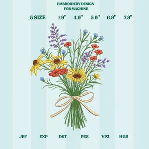 Diseño de bordado de ramo de flores silvestres, archivo de bordado a máquina de lazo floral rústico, descarga digital de flores de jardín campestre