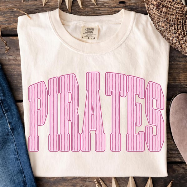 Pirates Png, Pink Striped Pirates Png, Preppy Mascot Sublimation, Game Day Team Spirit, Retro Sports Fan Outfit