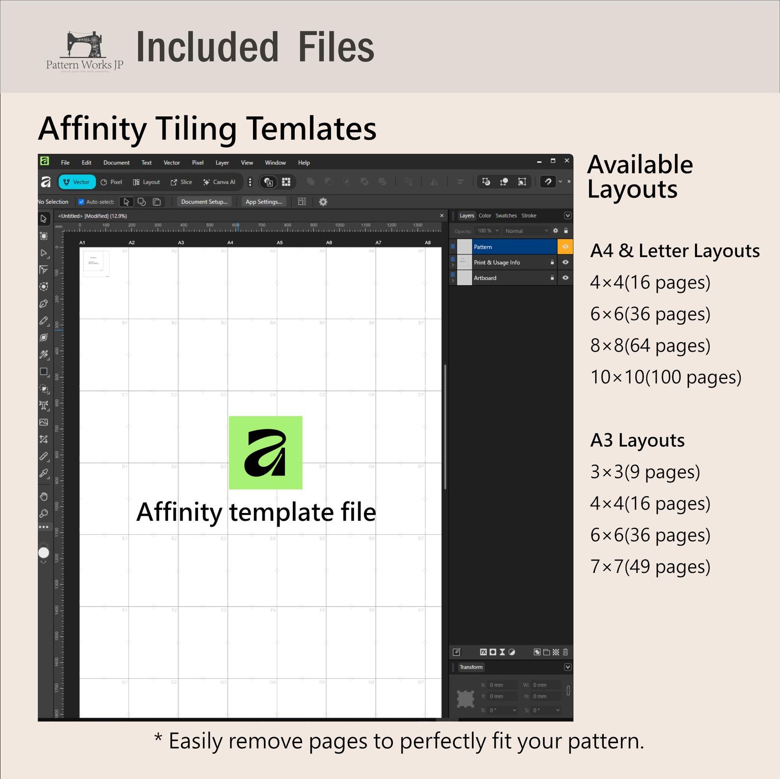 Affinity Designer用タイルPDFパターンテンプレート | 自宅で印刷できる裁縫パターン | A4 A3レターサイズ - Etsy 日本
