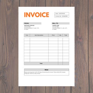 Puede incluir: Una plantilla de factura en blanco con un encabezado "INVOICE" naranja. El documento incluye campos para la información "FROM" y "BILL TO", descripciones de artículos y una nota sobre los términos de pago. La factura está sobre un fondo blanco.