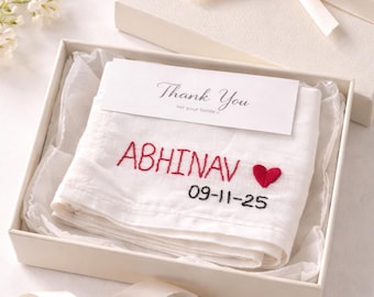 Personalisiertes handbesticktes Baumwoll-Taschentuch, individuelles Namen-Datum-Andenken und Hochzeitsgeschenke