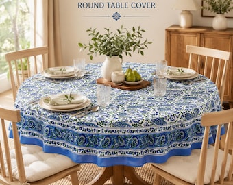 Round Block Print Tablecloth, Blue Floral Cotton Tablecloth, Indian Table Linen, Farmhouse Boho Dining Table Cover, Housewarming Gifts