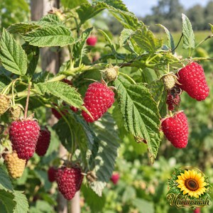May include: A raspberry bush with multiple bright red, textured berries hanging from green stems among serrated green leaves. Some berries are fully ripe and deep red, while others are pale or developing. A sunflower logo is in the corner.