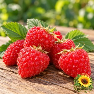 May include: A cluster of bright red raspberries with green leaves resting on a weathered wooden surface. In the bottom right corner, there is a small graphic of a yellow sunflower with the text Utichusniah written in a cursive font.