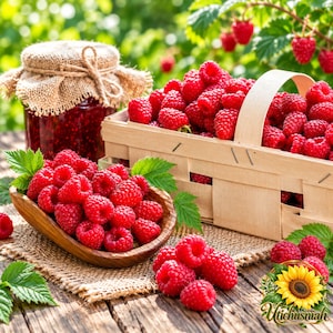 May include: A glass jar of red raspberry jam with a burlap lid cover, a wooden basket filled with fresh red raspberries, and a small wooden bowl containing more raspberries, all arranged on a wooden surface with a sunflower logo.