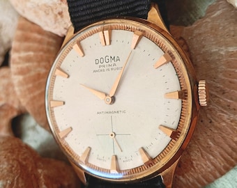 Vintage Dogma Prima 38mm Swiss Watch: Jumbo Gold Plated Antimagnetic Timepiece