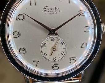 Vintage Exacto Swiss Manual Watch: 1950s Antimagnetic 17 Jewels Timepiece