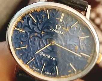 Omega Geneve Blue Floral Textured Dial Vintage Swiss Watch (1970s)