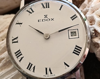 Vintage Edox Swiss Watch • Roman Dial • 34mm Manual Wind Timepiece