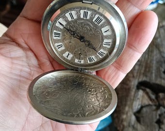 Vintage Molnija Mechanical Pocket Watch: Ornate Floral Silver-Tone Hunter Case