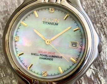 Elgin Titanium Solar Drive Uhr: Perlmuttzifferblatt, Diamantindizes, Vintage FK-1175