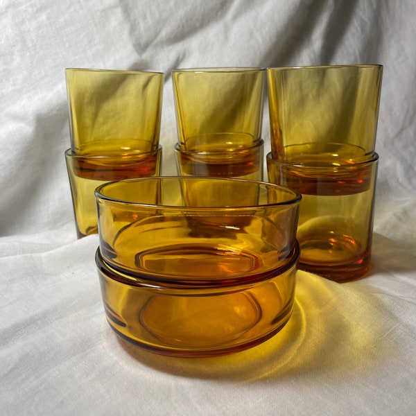 Vintage 1970s Italian Amber Glass Bowl and Glass Set - Bormioli Vitrosax