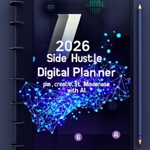 Può includere: Un'agenda digitale blu scuro per il 2026 con la scritta "Side Hustle Digital Planner". La copertina presenta un design geometrico bianco e blu e una matita blu. L'agenda è rilegata con una spirale nera e riporta la scritta "plan, create, it, Moneñese with AI."