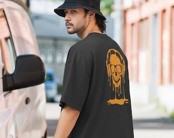Överdimensionerad t-shirt med dödskalle och blekta hörlurar, unisex streetwear i bomull, storlekar S-3XL