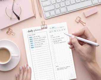 Planificador diario imprimible: horario diario sencillo, tareas y notas (A4, A5, carta)