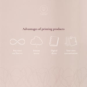 Puede incluir: Gr&aacute;fico beige claro con el texto &laquo;Ventajas de los productos de impresi&oacute;n&raquo;. Debajo, cuatro iconos con texto: &laquo;Comprar una vez, usar para siempre&raquo;, &laquo;Acceso instant&aacute;neo&raquo;, &laquo;Desintoxicaci&oacute;n digital&raquo; y &laquo;Tu propia personalizaci&oacute;n&raquo;.
