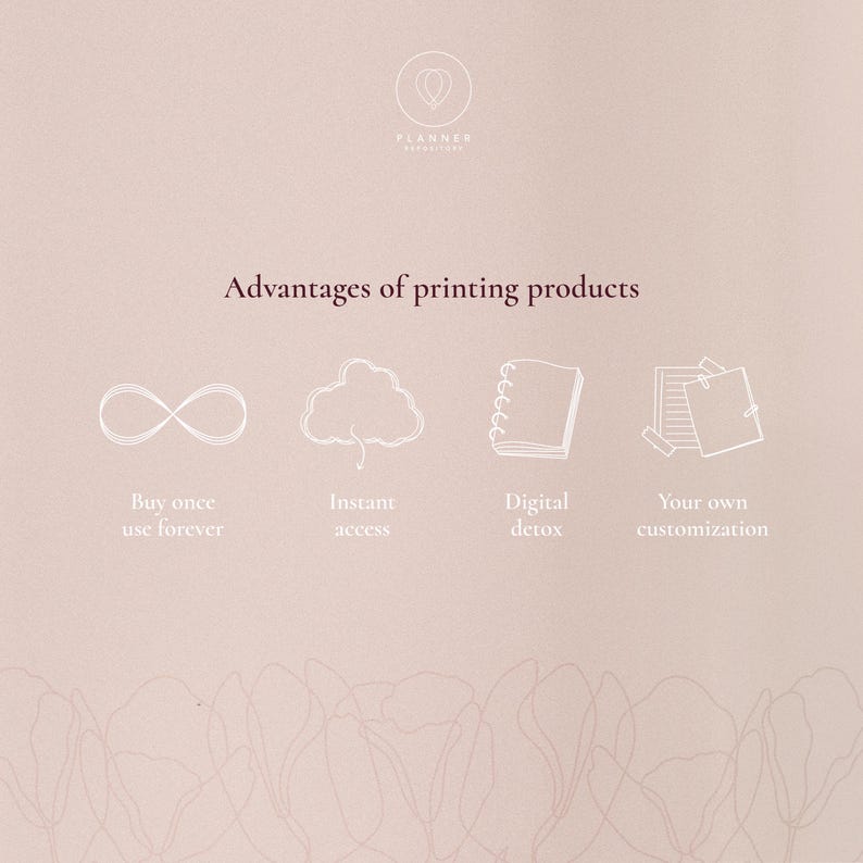 Puede incluir: Gr&aacute;fico beige claro con el texto &laquo;Ventajas de los productos de impresi&oacute;n&raquo;. Debajo, cuatro iconos con texto: &laquo;Comprar una vez, usar para siempre&raquo;, &laquo;Acceso instant&aacute;neo&raquo;, &laquo;Desintoxicaci&oacute;n digital&raquo; y &laquo;Tu propia personalizaci&oacute;n&raquo;.