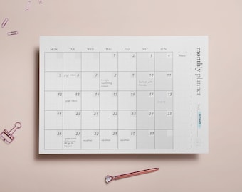 Planificador mensual imprimible: resumen mensual sencillo, objetivos y notas (A4, A5, carta)