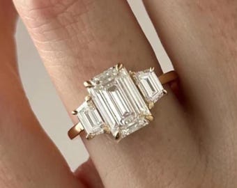 Emerald Cut Diamond Three Stone Engagement Ring, Trapezoid Side Stones, Man Made Diamond Trilogy Ring