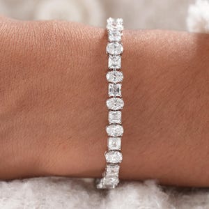 Oval & Asscher Cut Lab Diamond Tennis Bracelet, Open Box Clasp Bracelet, 14K Gold Anniversary Jewelry
