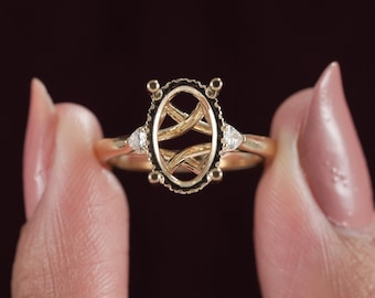 Oval Diamond Semi Mount Engagement Ring, Three Stone Pear Side Diamonds Ring, Vintage Cathedral Basket Wedding Ring Promise Gifts