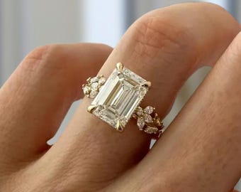 Emerald Diamond Engagement Ring, Emerald Cut Nature Inspired Ring, IGI Certified Bridal Ring