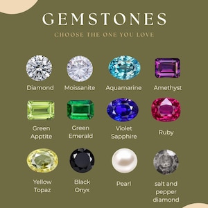 May include: A chart titled GEMSTONES CHOOSE THE ONE YOU LOVE displaying twelve gemstones: diamond, moissanite, aquamarine, amethyst, green apatite, green emerald, violet sapphire, ruby, yellow topaz, black onyx, pearl, and salt and pepper diamond.
