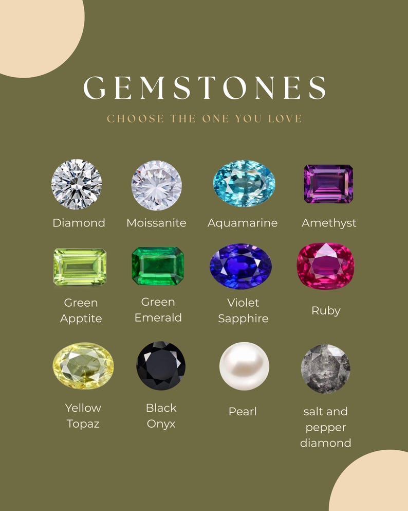 May include: A chart titled GEMSTONES CHOOSE THE ONE YOU LOVE displaying twelve gemstones: diamond, moissanite, aquamarine, amethyst, green apatite, green emerald, violet sapphire, ruby, yellow topaz, black onyx, pearl, and salt and pepper diamond.