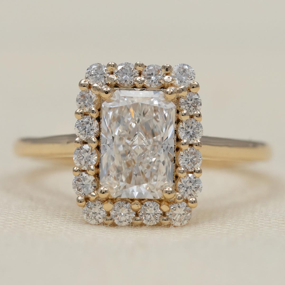 Radiant Cut Lab Grown Diamond Halo Engagement Ring, Pave Diamond Ring ...