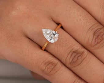 Pear Cut Lab Grown Diamond Ring, IGI Certified Solitaire 14K Gold Engagement Ring