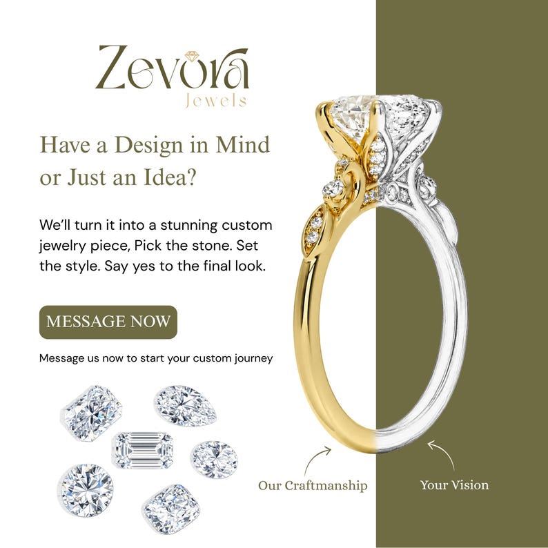 May include: A ring featuring a split design, with one half in yellow gold and the other in silver, accented by small stones. Text reads: Zevora Jewels, Have a Design in Mind or Just an Idea? We&rsquo;ll turn it into a stunning custom jewelry piece. MESSAGE NOW.