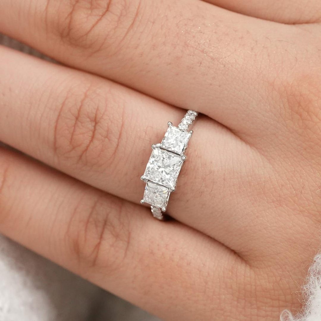 Princess Cut Three Stone Diamond Ring, Lab Grown Diamond Engagement ...